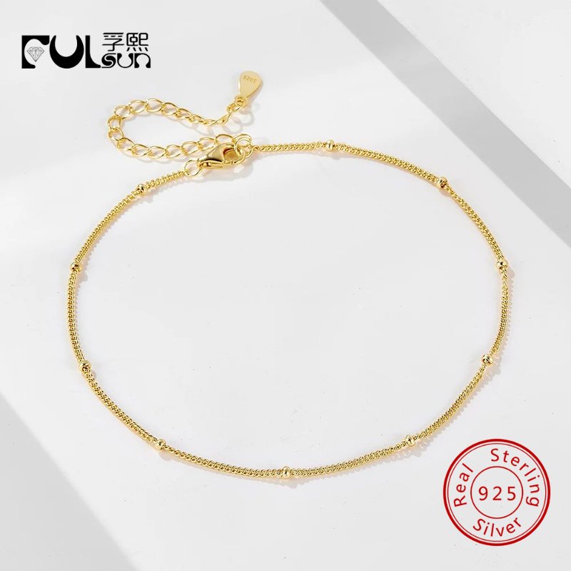 Beaded Anklet Chain - 925 Sterling Silver 14K Gold Rhodium