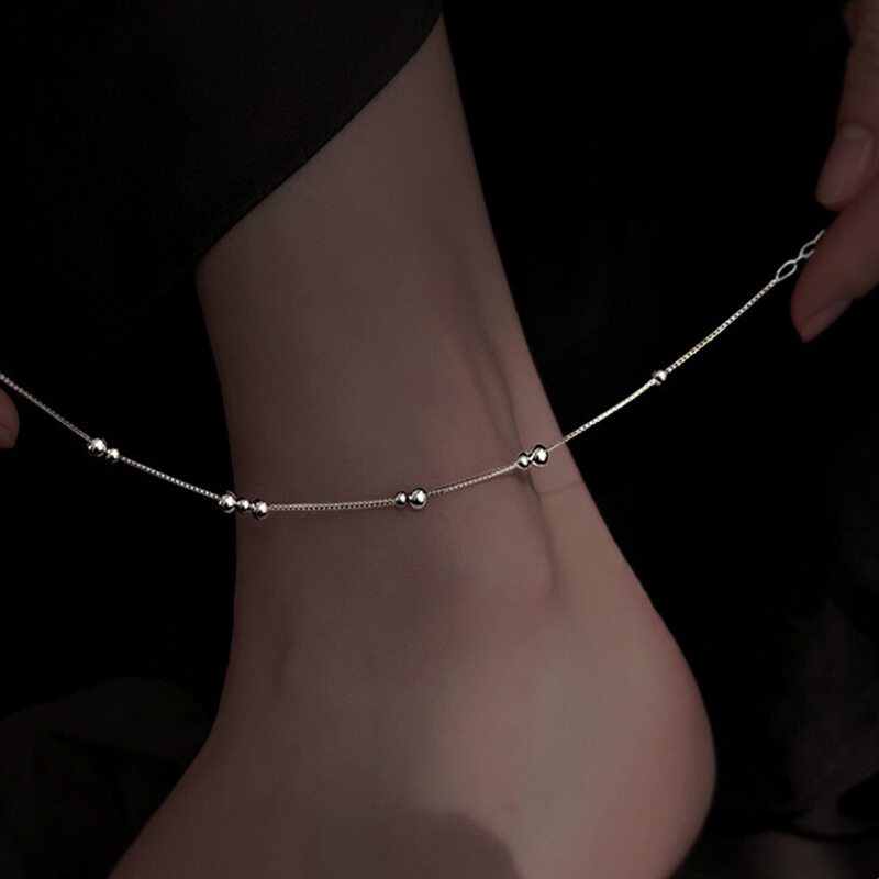 Beaded Anklet Chain - 925 Sterling Silver Geometric Round Bead