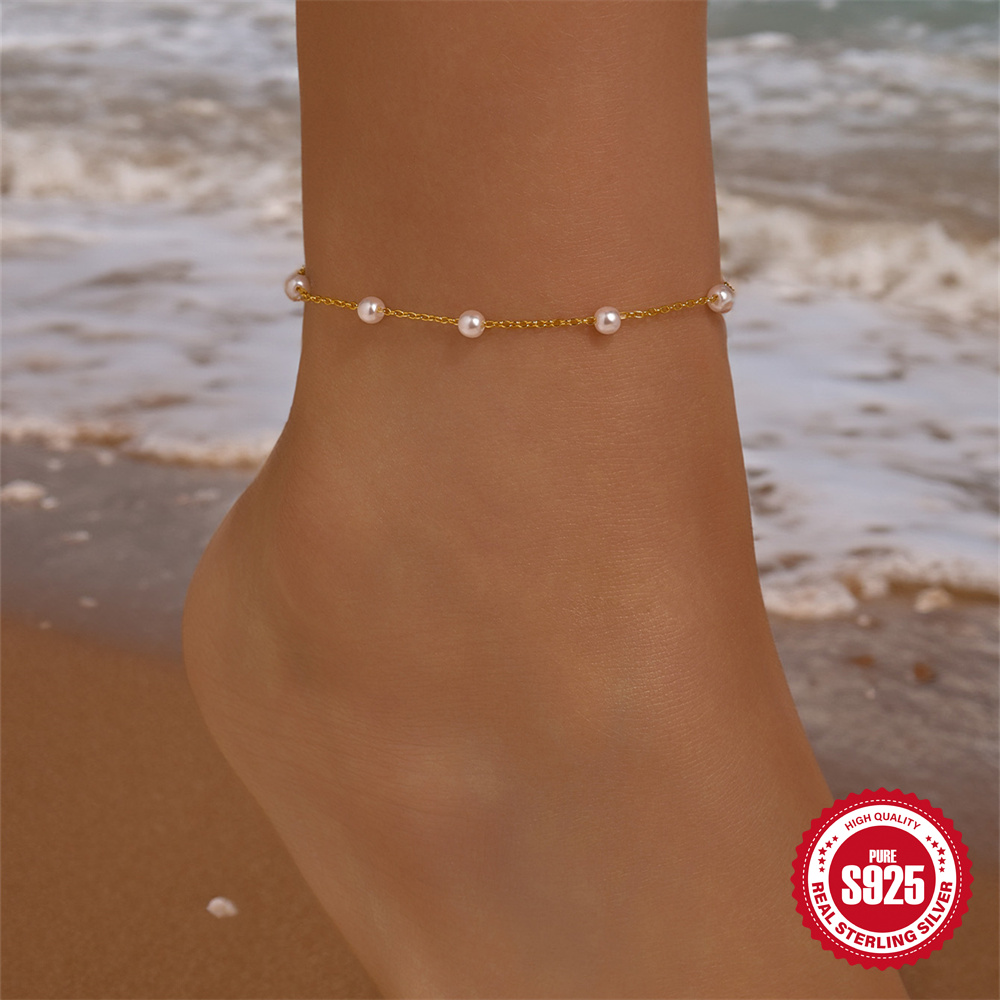 AIDE 925 Sterling Silver Pearl - Beaded Anklet Chain recension och pris